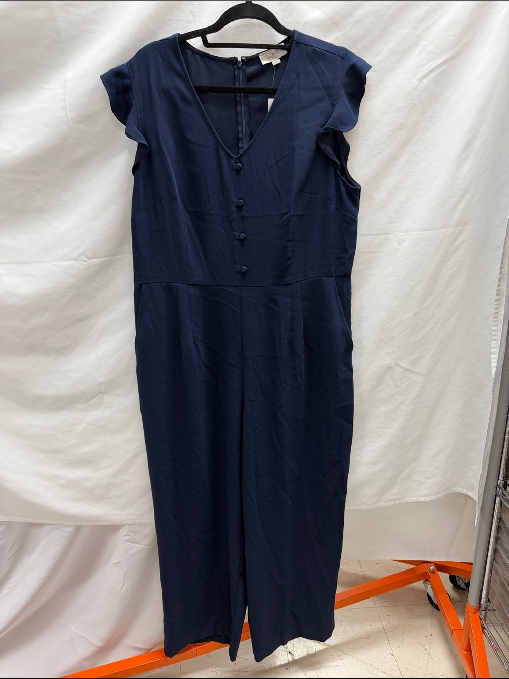 LOFT Navy V-Neck Button-Front Jumpsuit with Flutter Sleeves